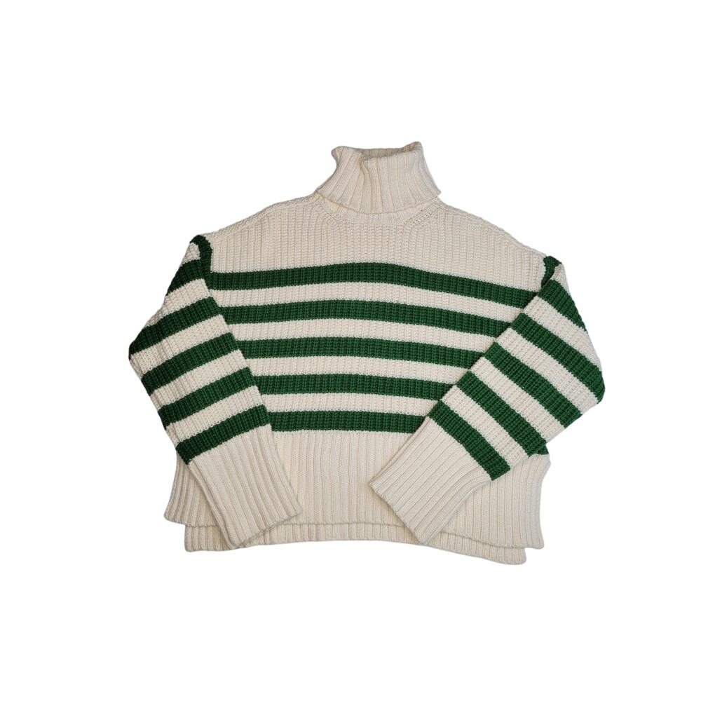Madewell Wide Rib Turtleneck Sweater Green Ivory Striped Women's XXS